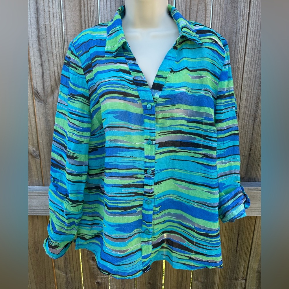 Choices Abstract Striped Sheer Button-Up Top - Women’s Large